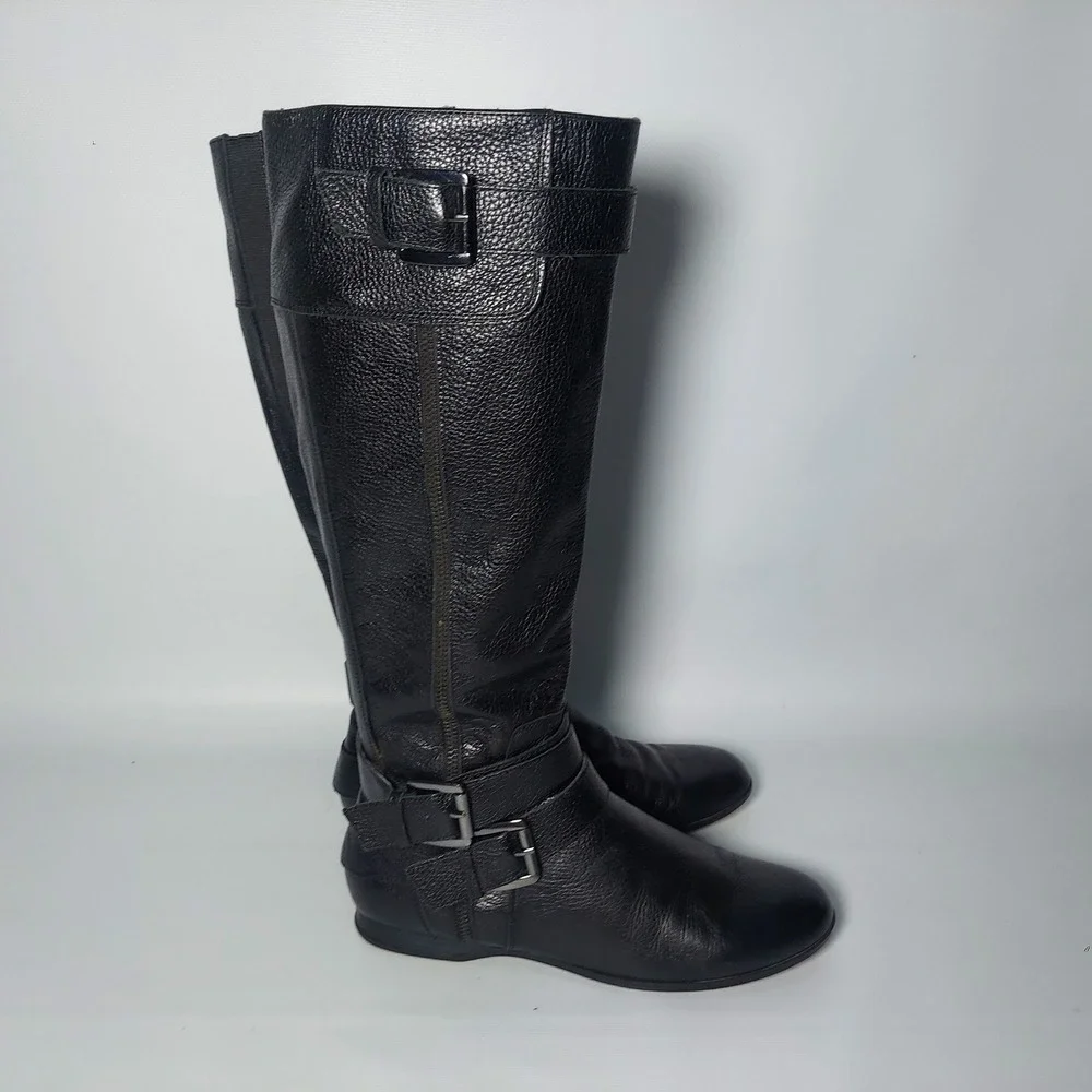 Enzo Angiolini Leather Boots Women 7.5 Black Calf High Riding Buckle Zip Fashion